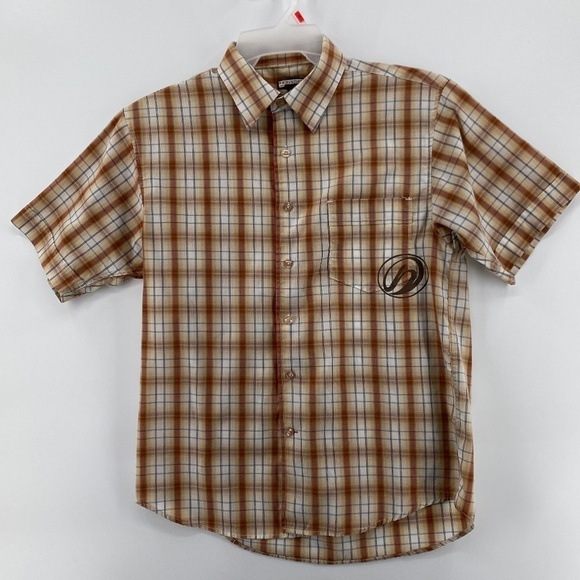 🎁5/$25 BoardSport Shirt Men's Small Button Up Short Sleeve Brown Blue Plaid - Picture 1 of 12
